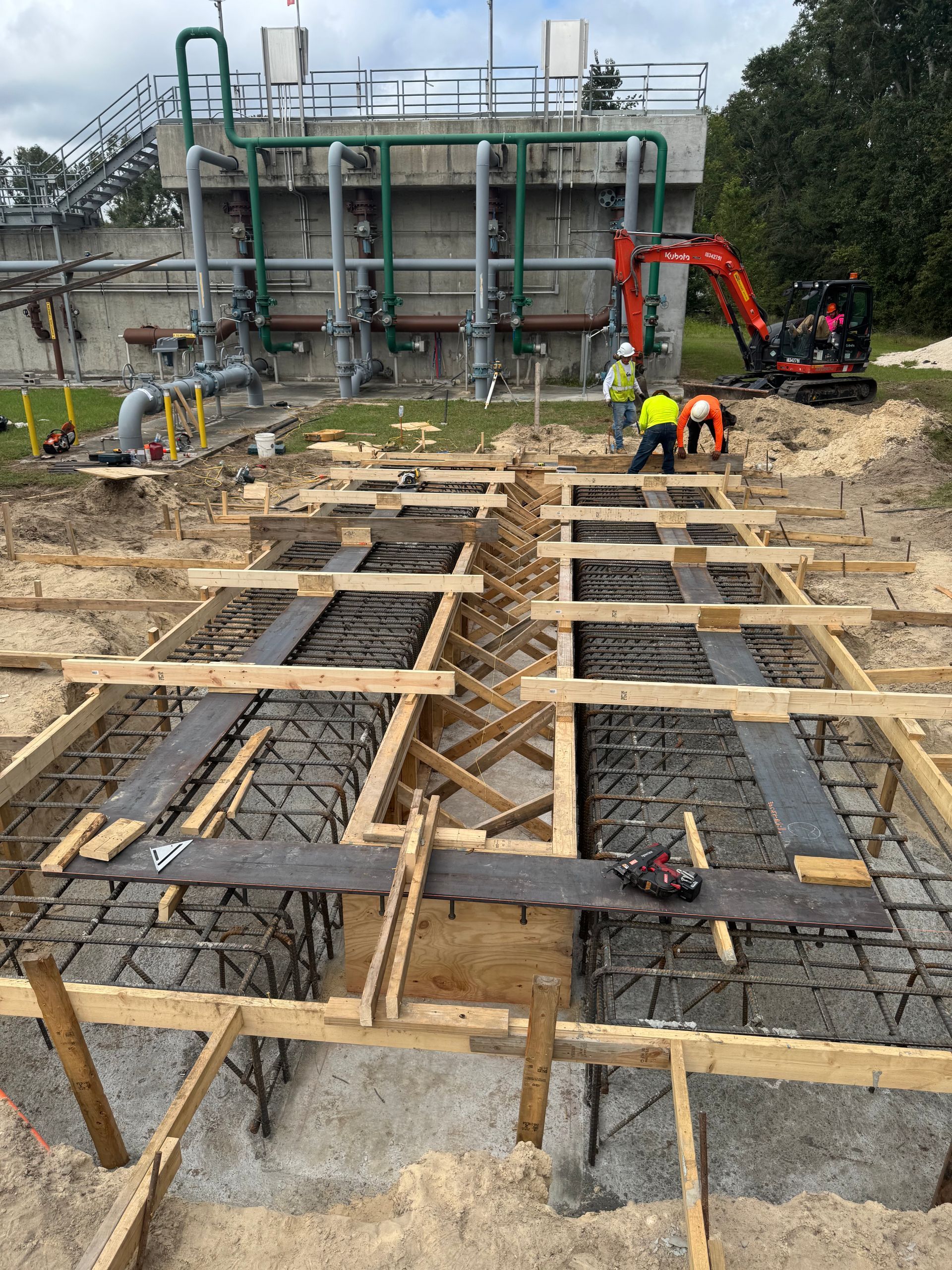 Reinforced steel framework for concrete construction project.