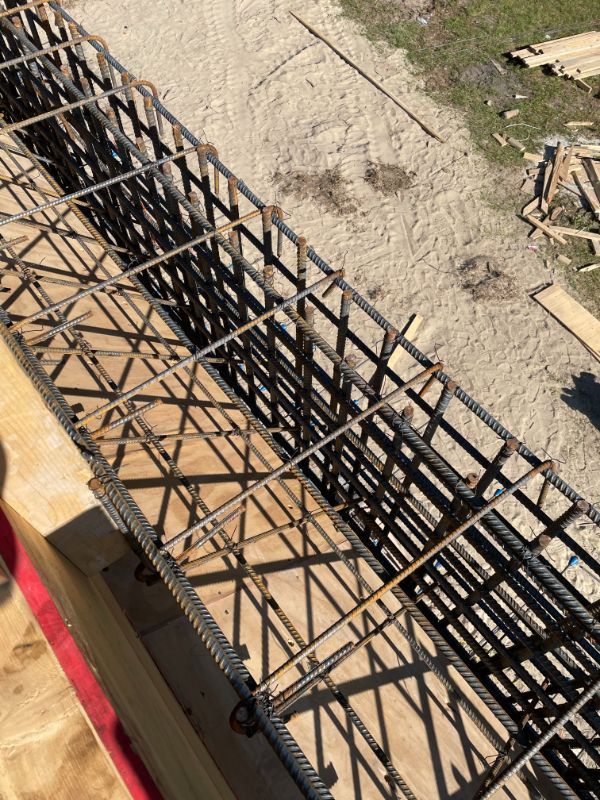 Reinforced steel framework for concrete construction project.