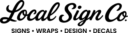 Logo for Local Sign Co., featuring black cursive text on a white background. Below, the words 