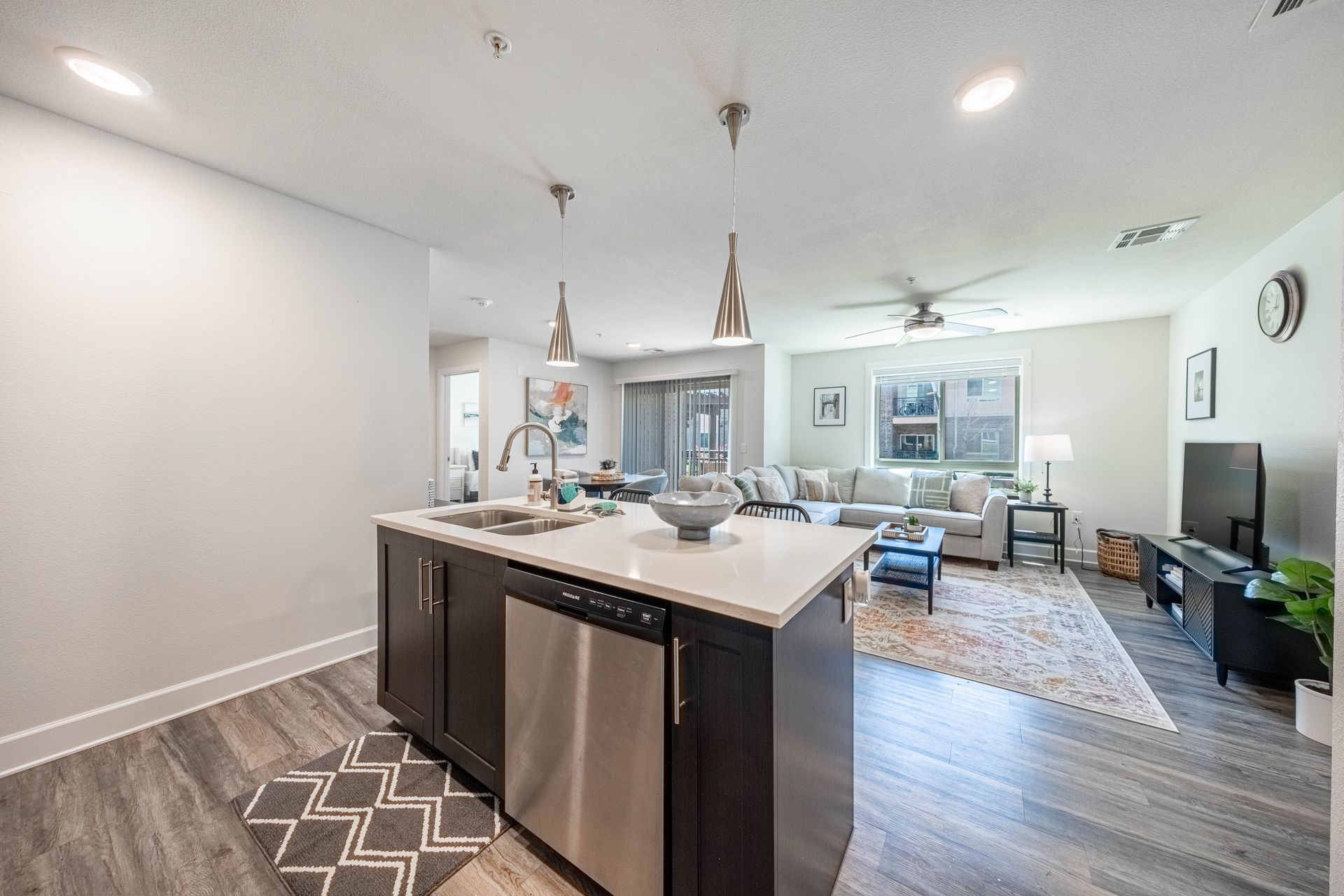 kitchen island and living room
