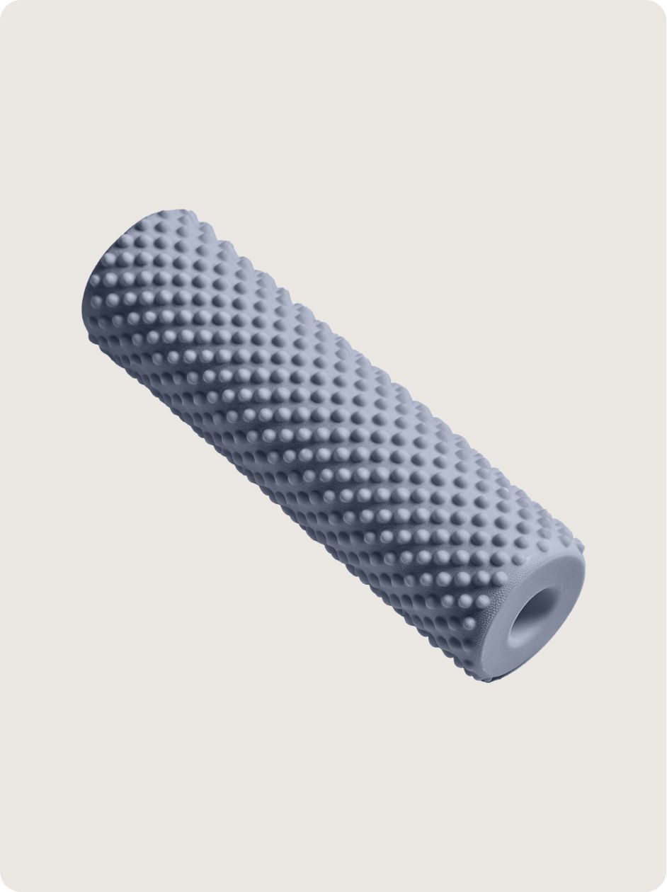 A light gray, cylindrical textured foam roller for physical therapy and muscle massage.