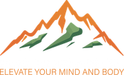 A stylized orange mountain outline with green slopes above the text "ELEVATE YOUR MIND AND BODY."