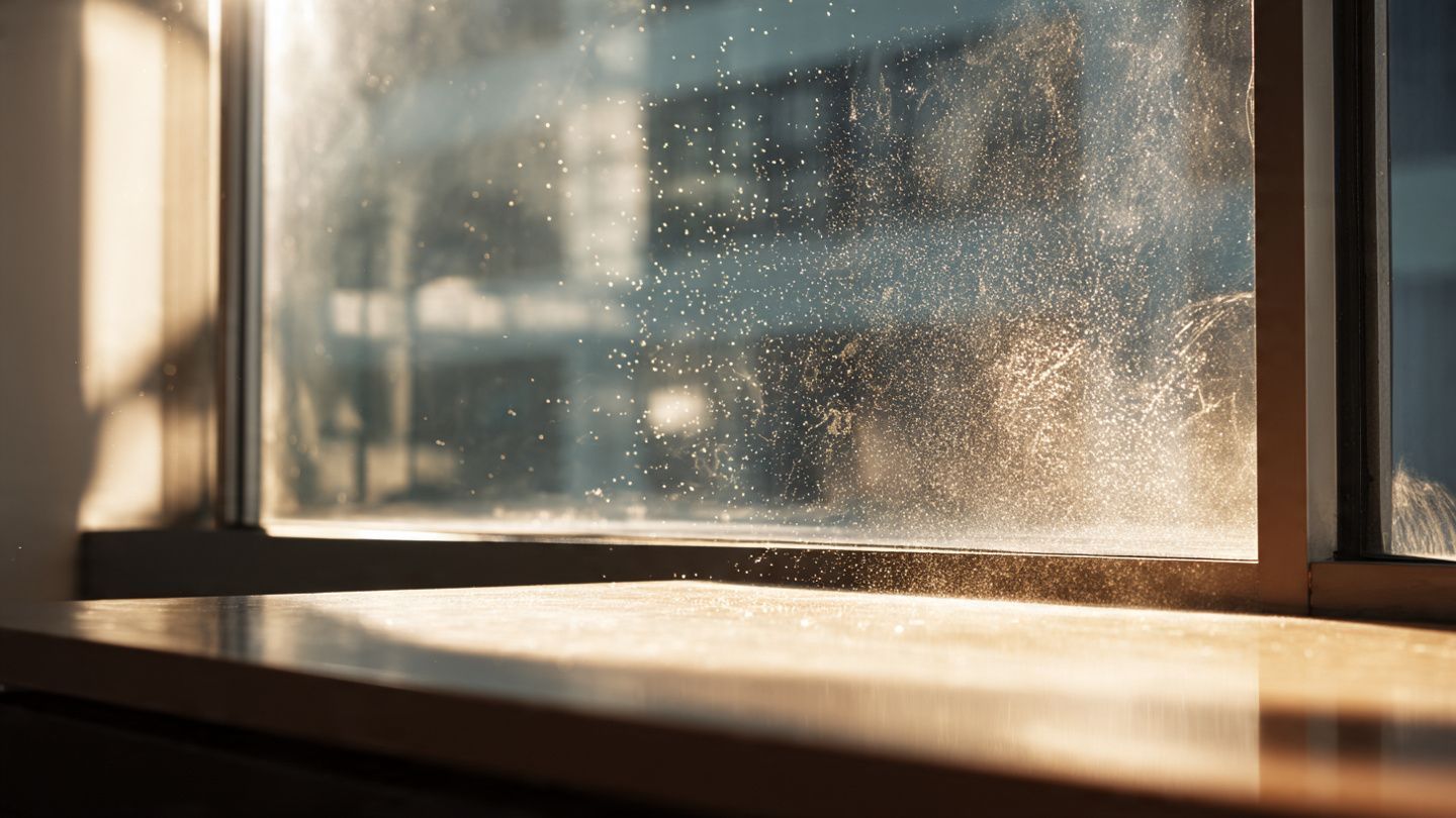 Sunlight streams through a dusty window onto a wooden windowsill, illuminating floating particles in the air.