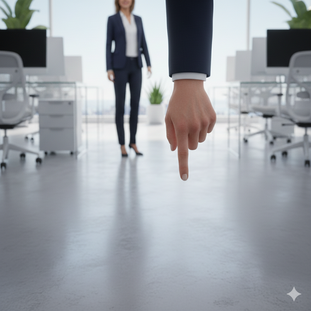 Hand pointing down in modern office, woman in background.