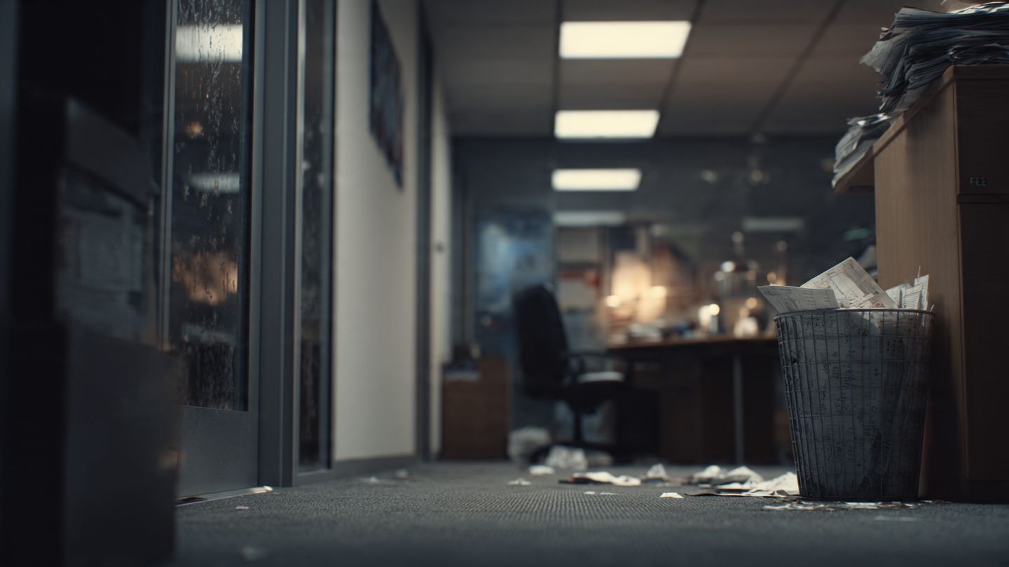 A dim, messy office hallway with scattered paper on the carpet and an overflowing trash bin in the foreground.