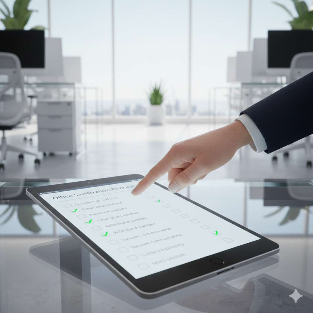 Hand pointing at tablet in office; checklist with green check marks displayed.