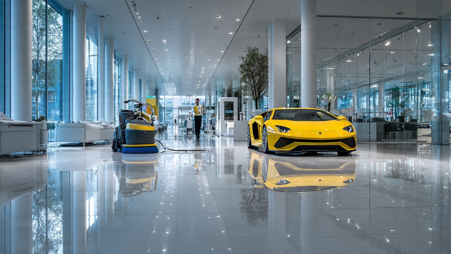 A yellow Lamborghini parked in a bright, modern, glass-walled showroom next to a floor cleaning machine.