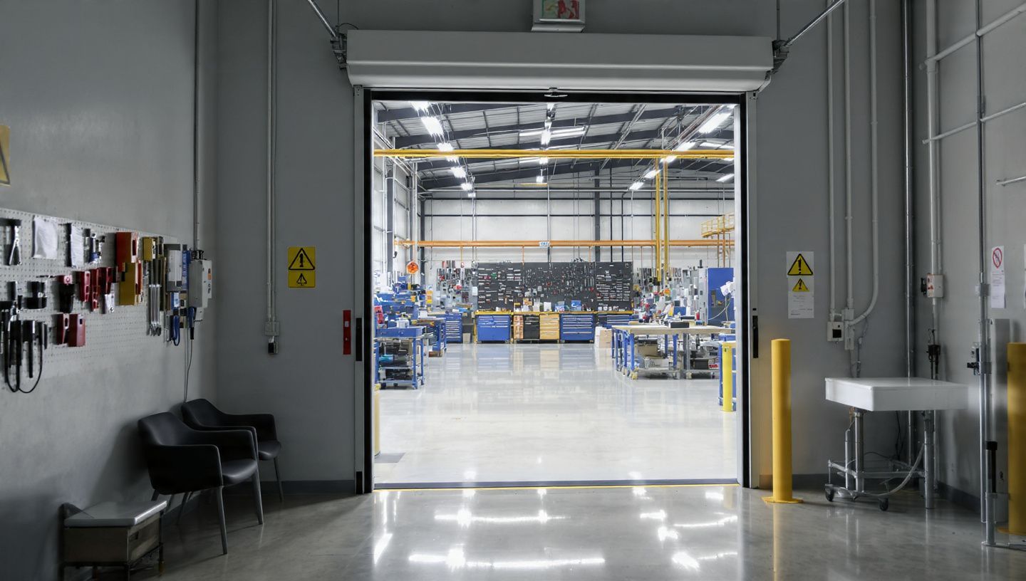 Warehouse entrance looking into a bright industrial factory floor, with an open doorway and polished concrete floor.