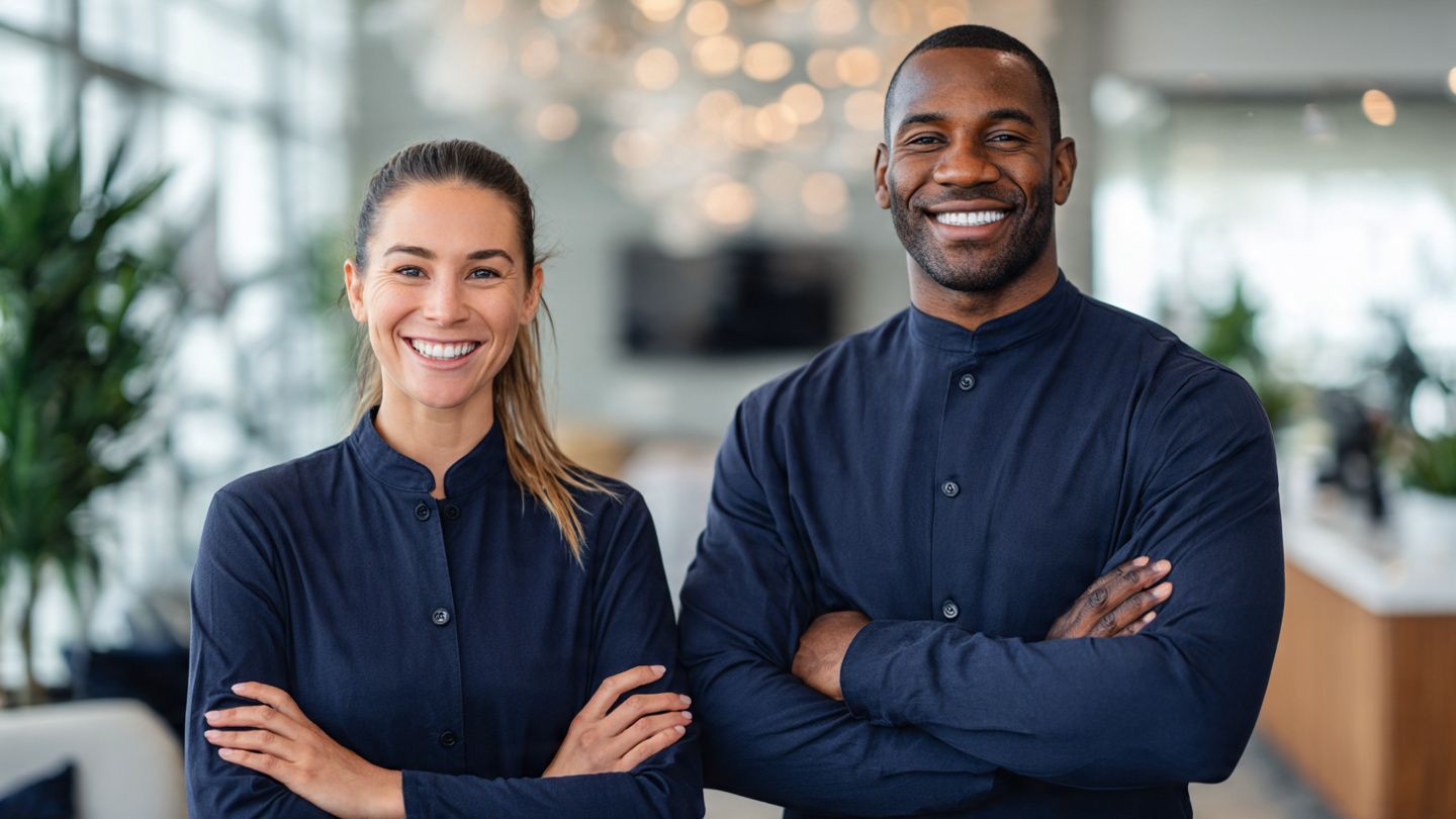 Two professionals in matching navy shirts stand smiling with arms crossed in a bright, modern office.
