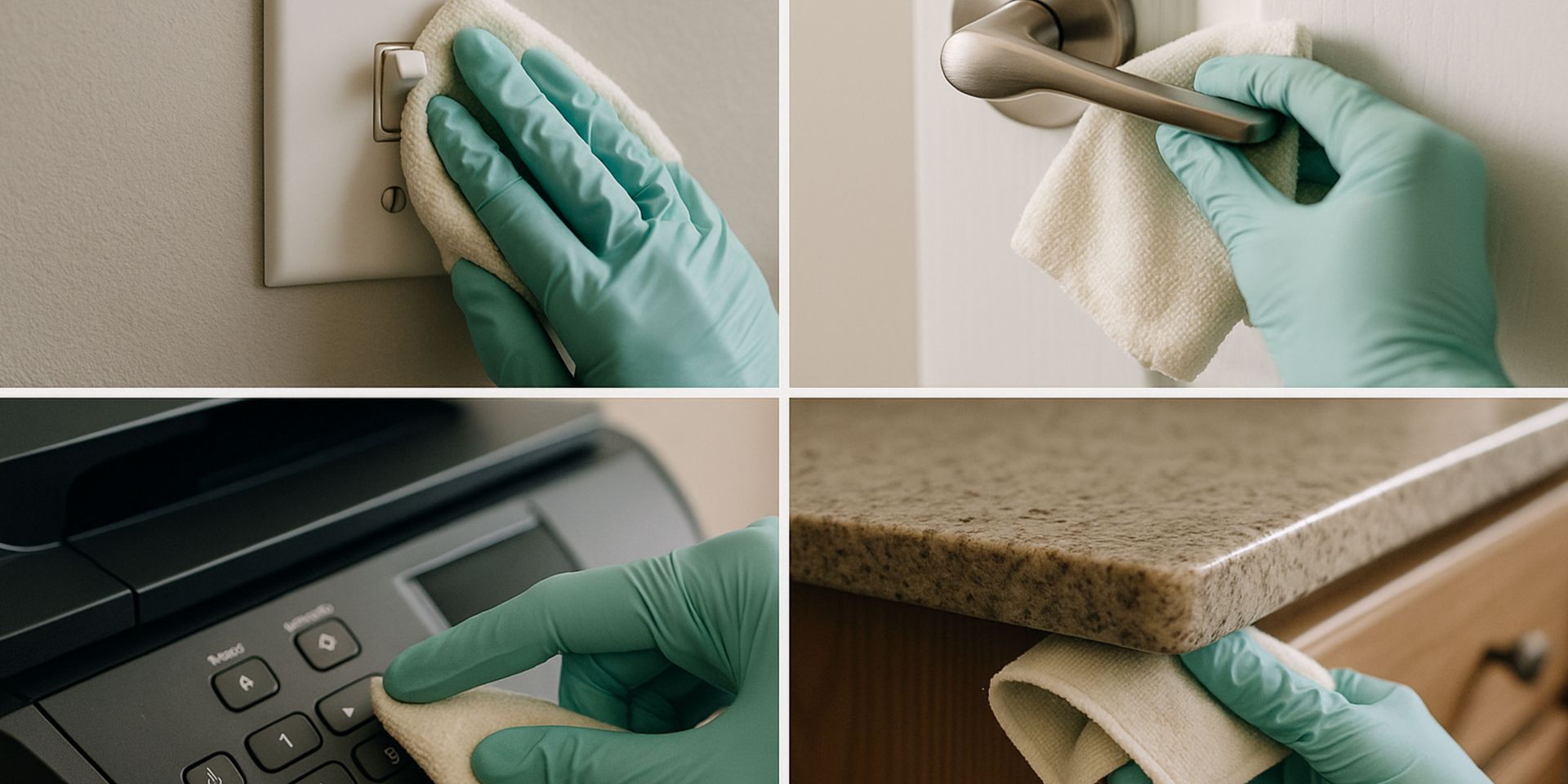 A collage of four pictures of a person wearing green gloves cleaning various objects.