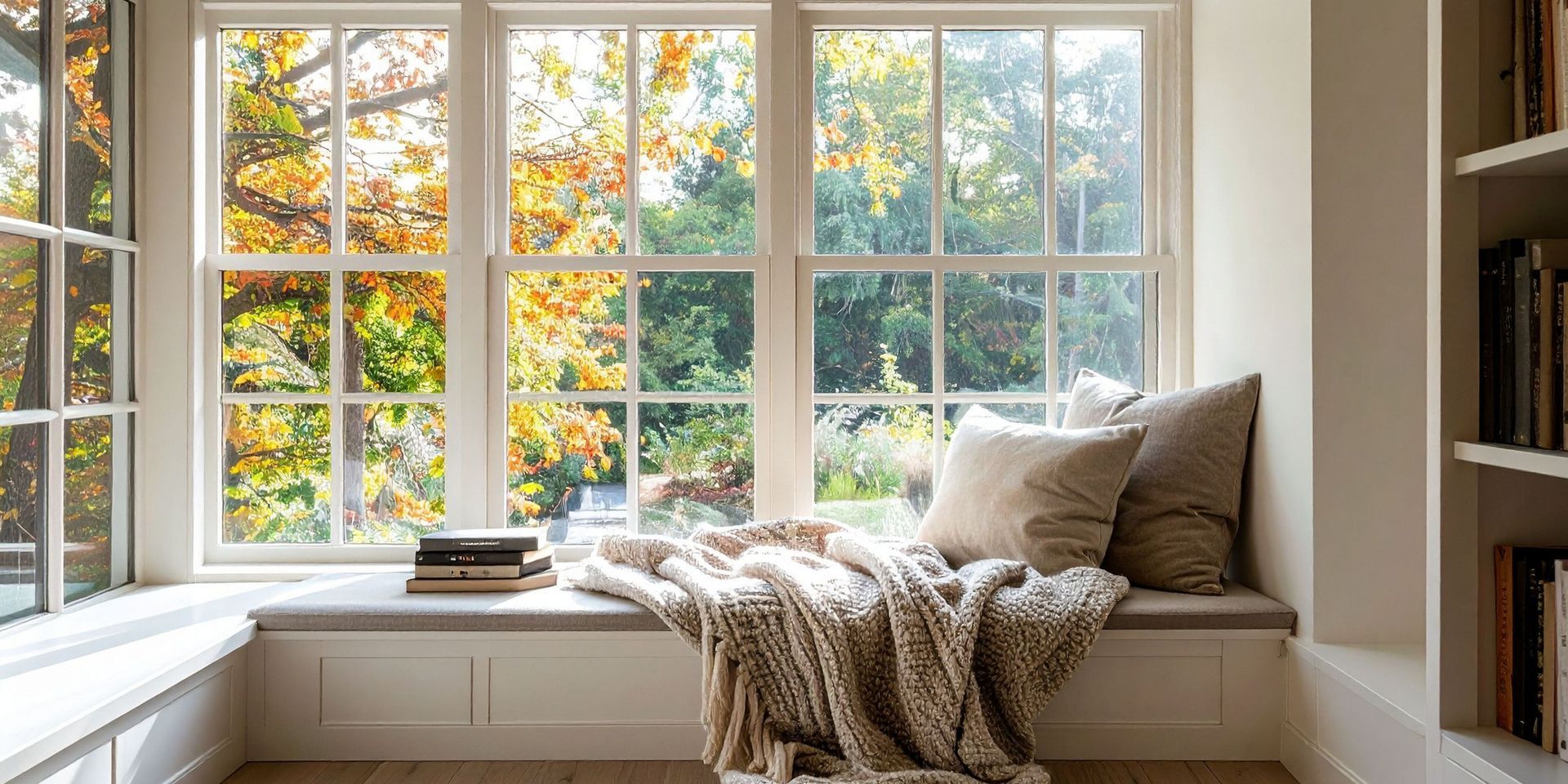 Cozy window seat with pillows and blanket, overlooking autumn foliage. Books on the seat, bookshelf to the right.
