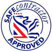 A blue and red safe contractor approved logo