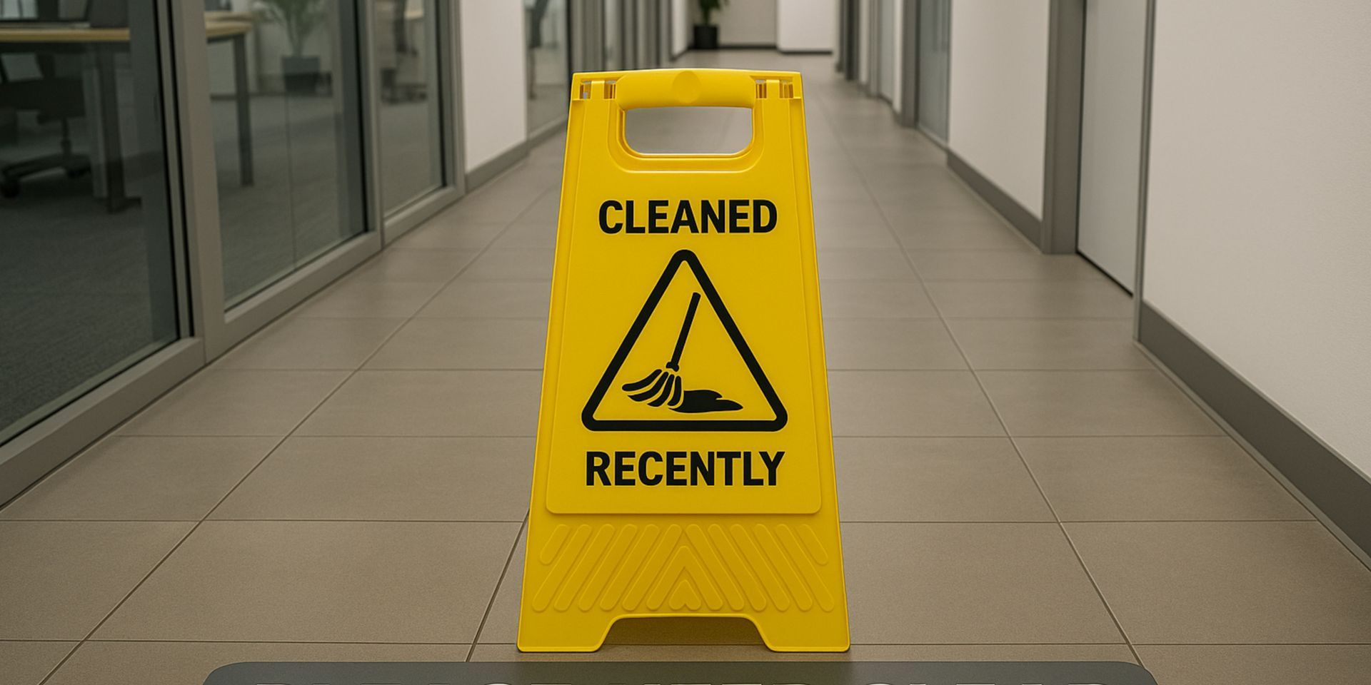 A yellow caution sign is sitting on the floor in a hallway.