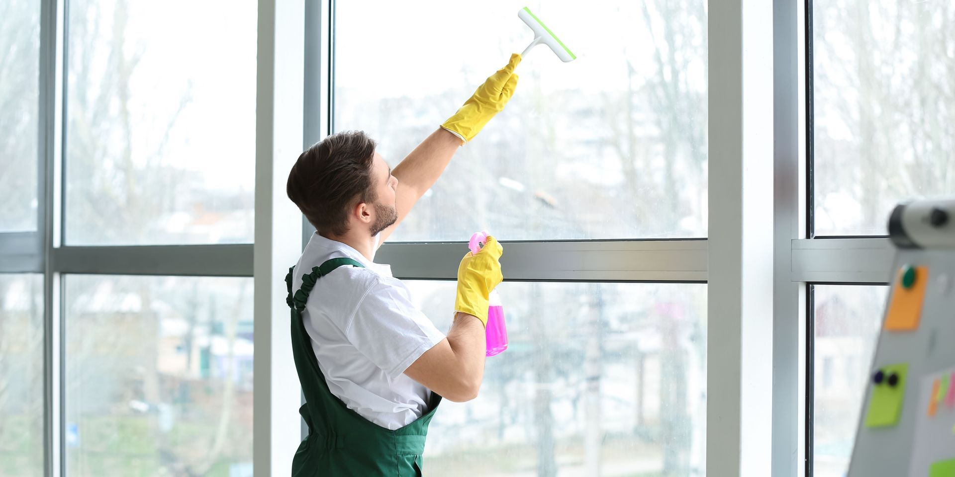 Man cleaning a large window inside, wearing yellow gloves, holding a squeegee and spray bottle.