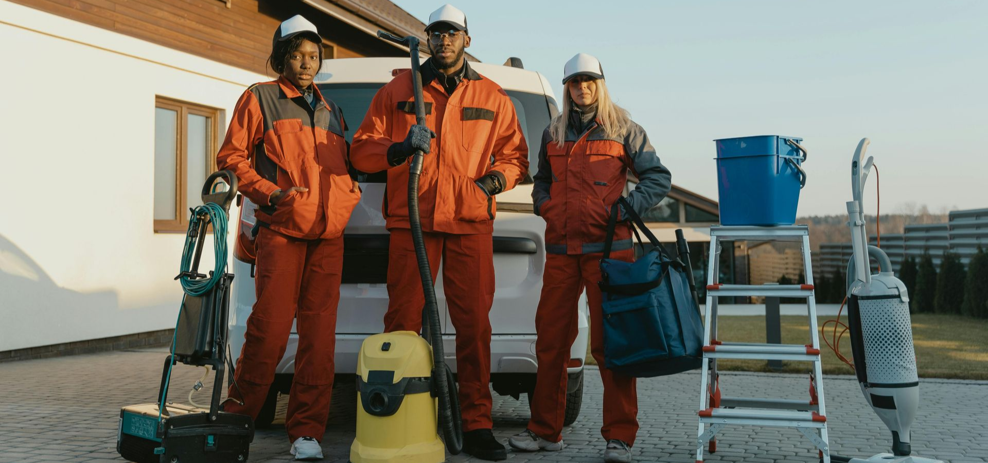 Cleaning crew stands in front of a house, holding equipment. They wear orange uniforms and white hats.