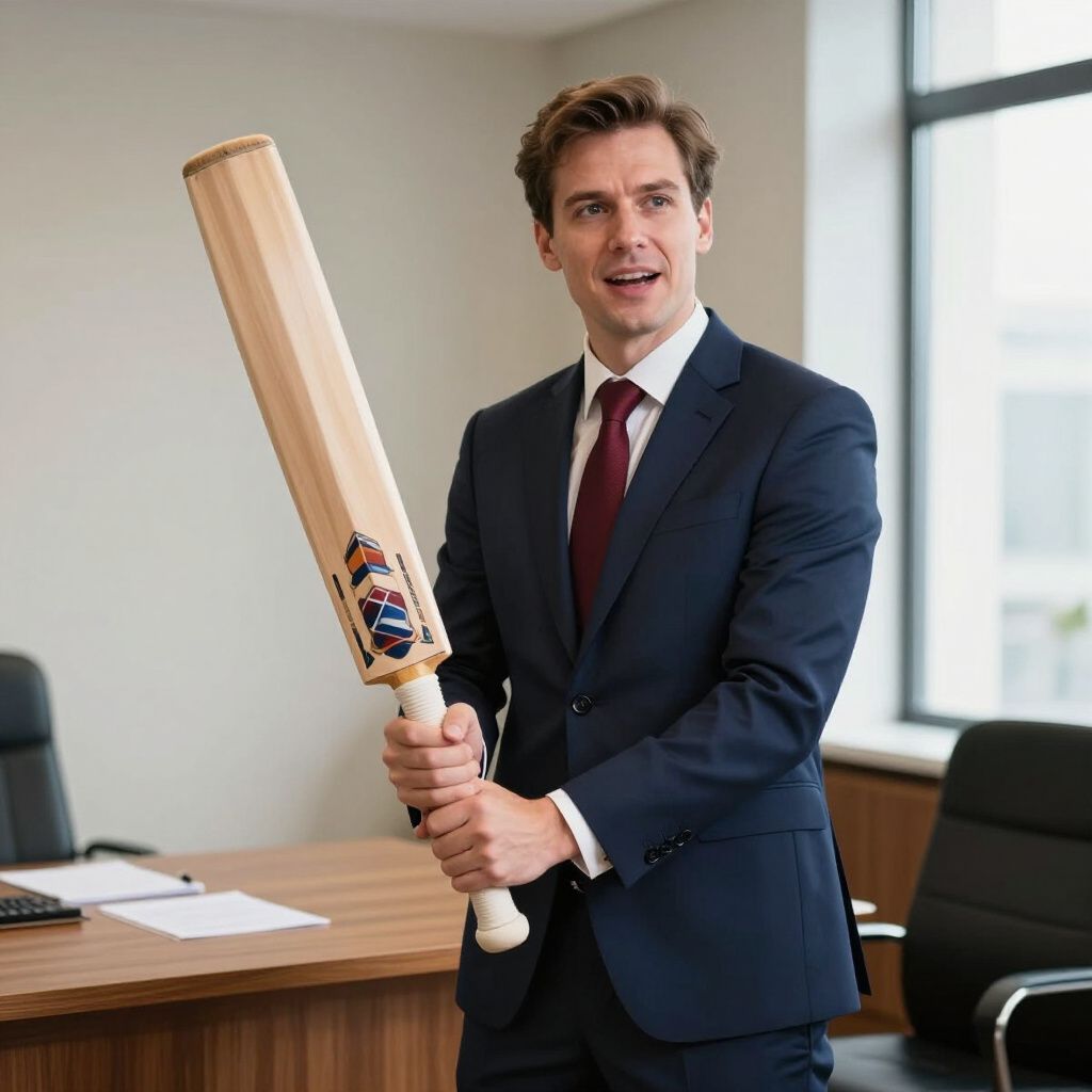 Man in a suit holding a cricket bat in an office.