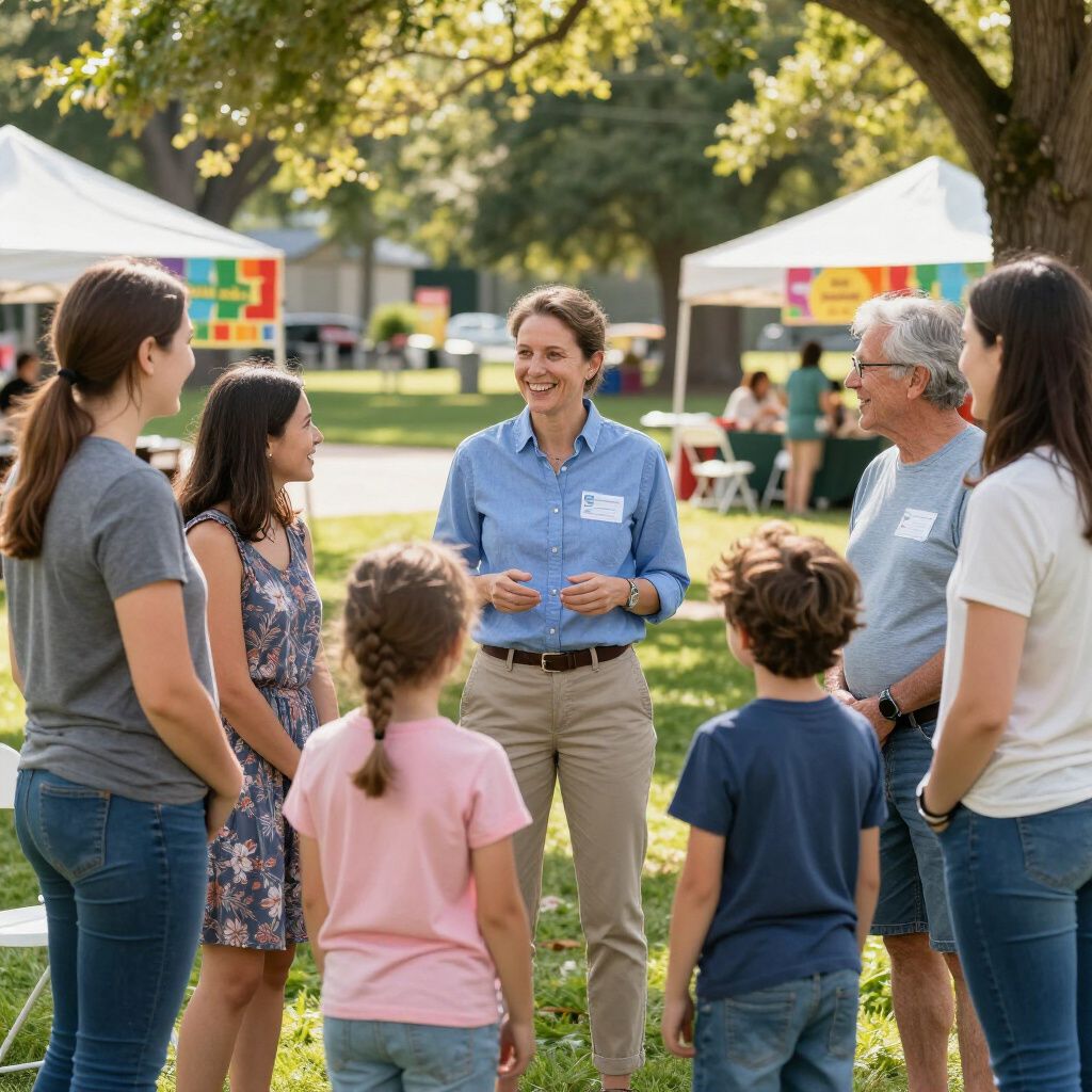 People gather outdoors, conversing near tents and trees; woman in blue shirt speaks.