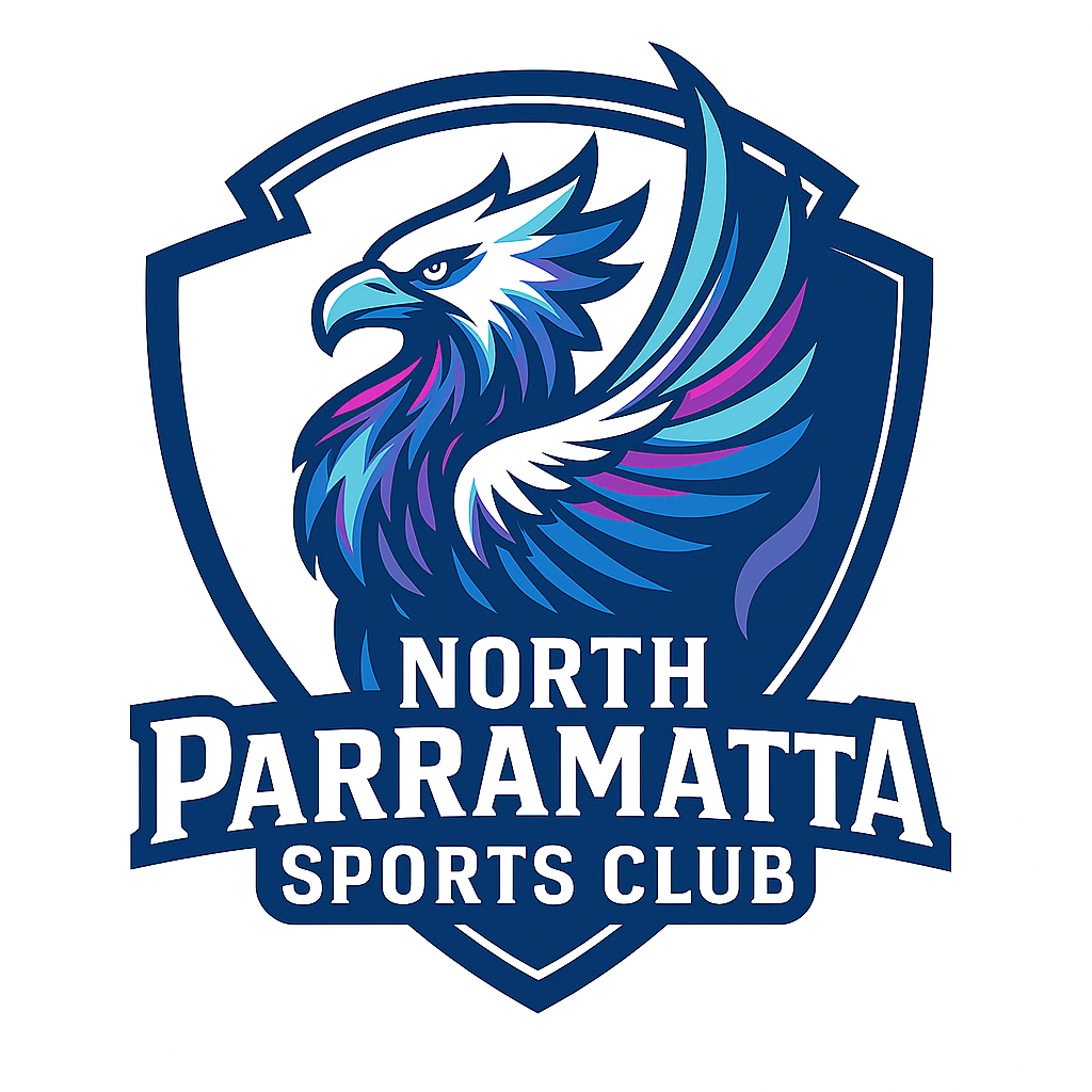 North Parramatta Sports Club logo: stylized blue and purple eagle in a shield, with text 