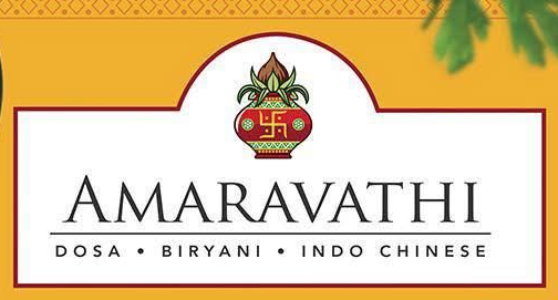 Amaravathi restaurant logo with a decorated pot and text: Dosa, Biryani, Indo Chinese.