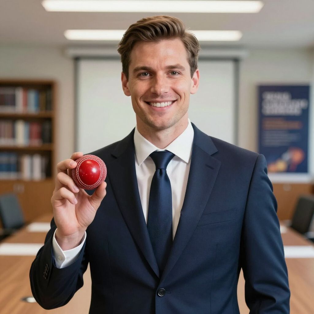 Man in suit holding a red cricket ball, smiling in a boardroom.