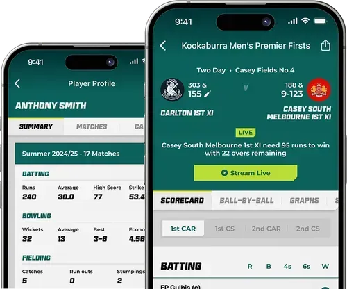 Two mobile phones displaying a cricket app: player profile and live match scorecard.