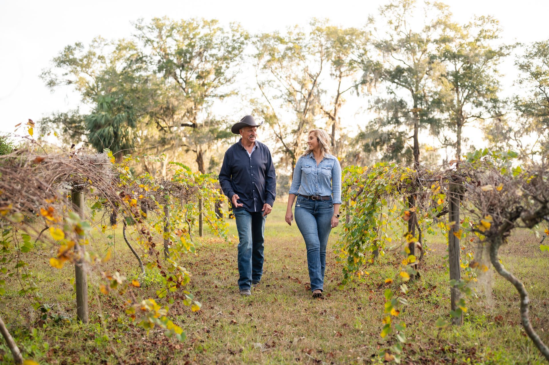 A man and a woman are walking through a vineyard.