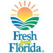 A logo for fresh from florida with a sun and waves