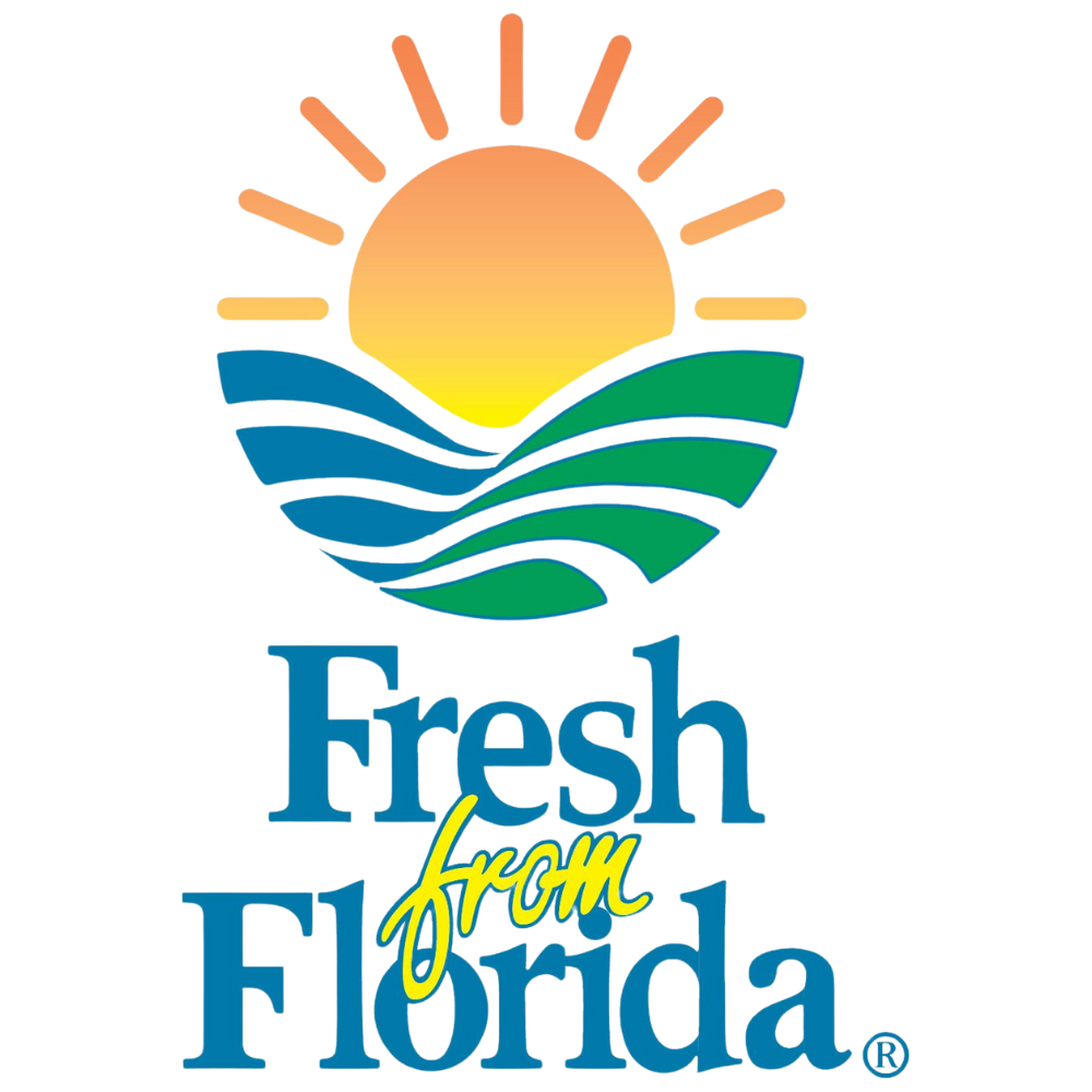 A logo for fresh from florida with a sun and waves