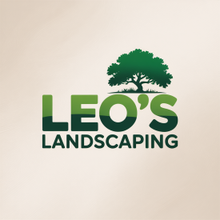 Leo's Landscaping logo featuring green text with a tree graphic, on a beige background.