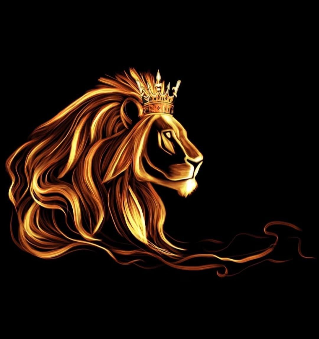 A stylized golden lion head with a flowing mane and a crown, set against a solid black background.