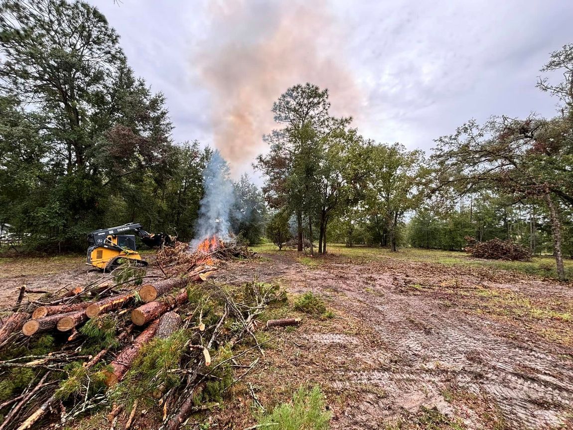 A pile of logs in a field with trees in the background and smoke coming out of the trees.