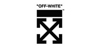A black and white logo for off white with arrows pointing in opposite directions.