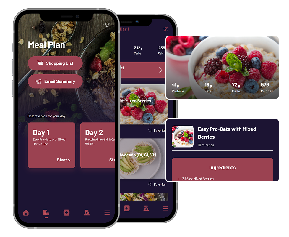 A couple of phones with a meal plan app on them.