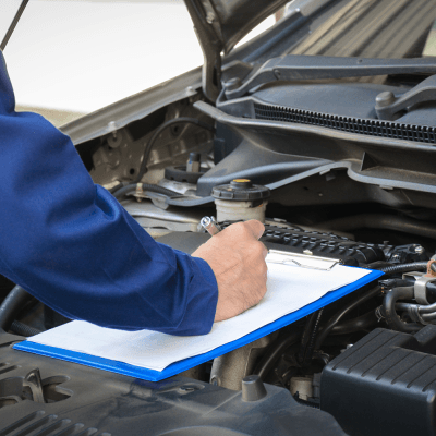 Ein Mann schreibt auf einem Klemmbrett unter der Motorhaube eines Autos