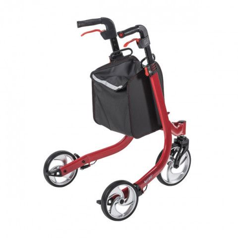 Red three-wheeled rollator walker with black seat bag and hand brakes on a white background