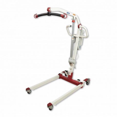 White patient lift hoist on a red wheeled base, with padded black support arms.