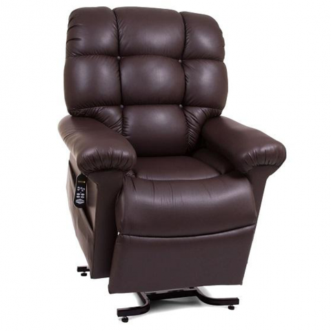Brown leather reclining chair with tufted back and padded armrests on a swivel base
