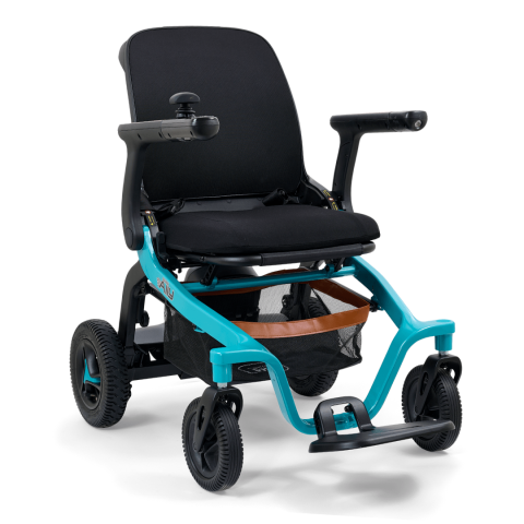 Black motorized wheelchair with turquoise frame and four wheels on a white background