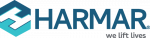 HARMAR logo with teal icon and gray text, tagline “we lift lives”