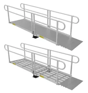 Two views of a gray aluminum wheelchair ramp with handrails, one solid deck and one grated deck