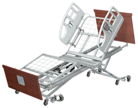 Adjustable hospital bed with raised backrest, metal frame, and wooden headboard and footboard on wheels