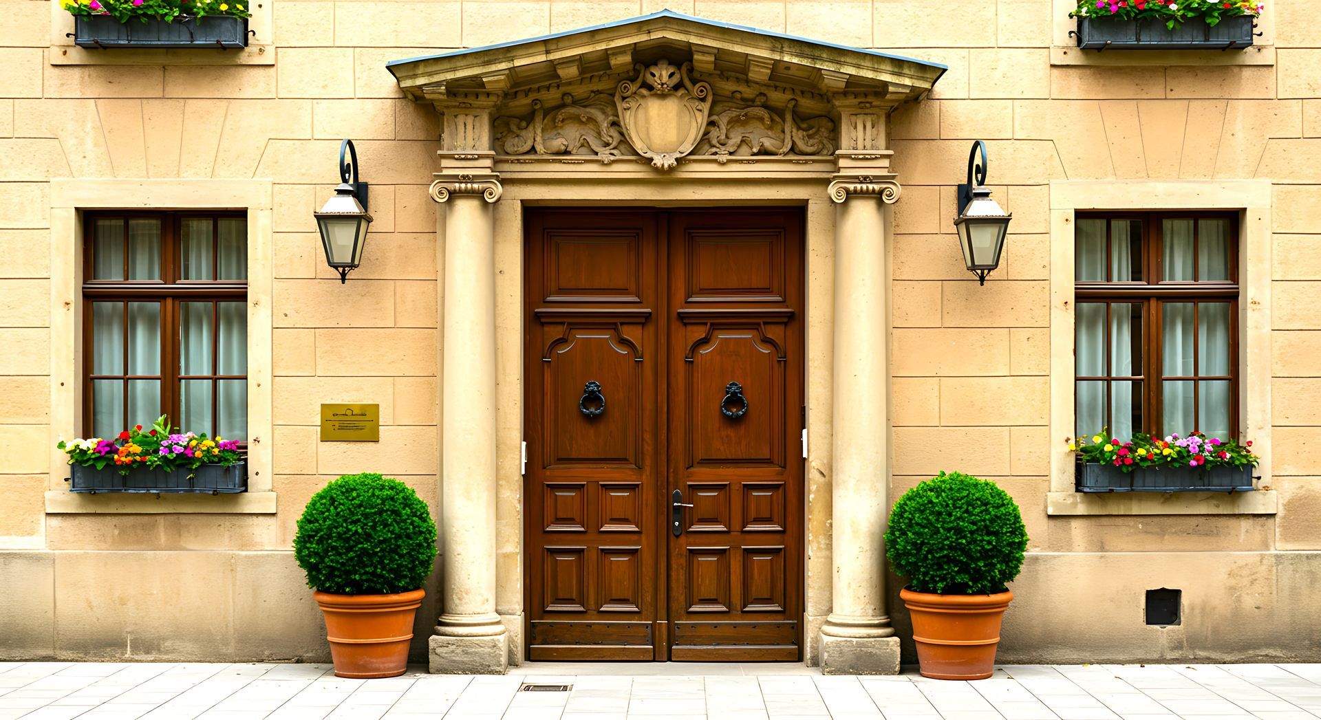 Ornate double doors with decorative metalwork on a textured yellow wall. Ornate double doors with decorative metalwork on a textured yellow wall.