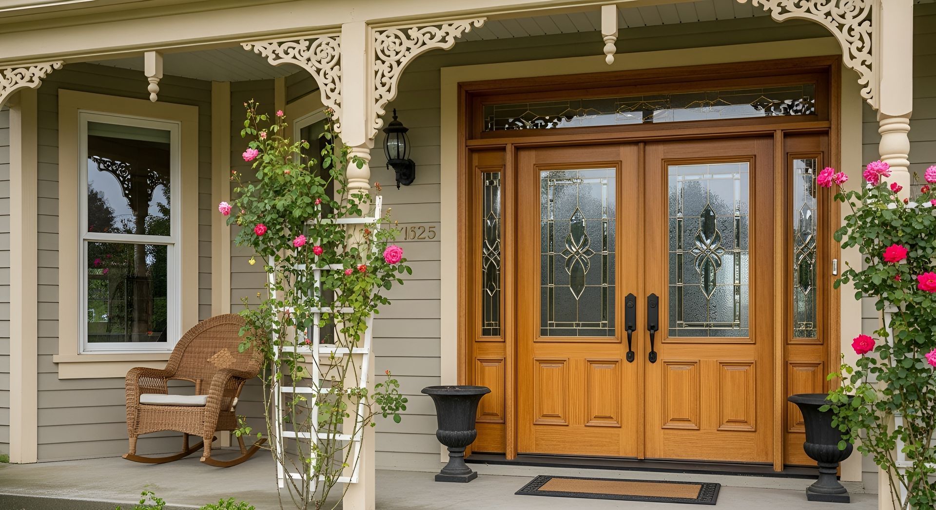 Victorian home porch with wooden double doors, window, and decorative trim. A rocking chair and roses are visible.