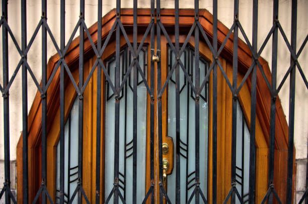 Metal screen storm doors covering art deco arched glass wood double entry door for added security