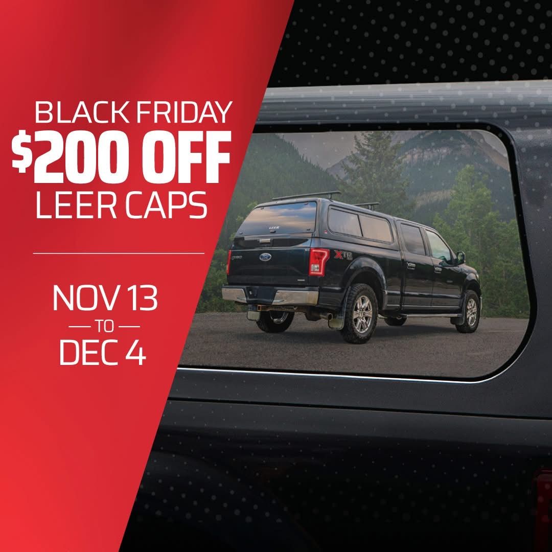 Black Friday promotion: $200 off LEER caps. Offer valid Nov 13-Dec 4. Black truck with camper shell.