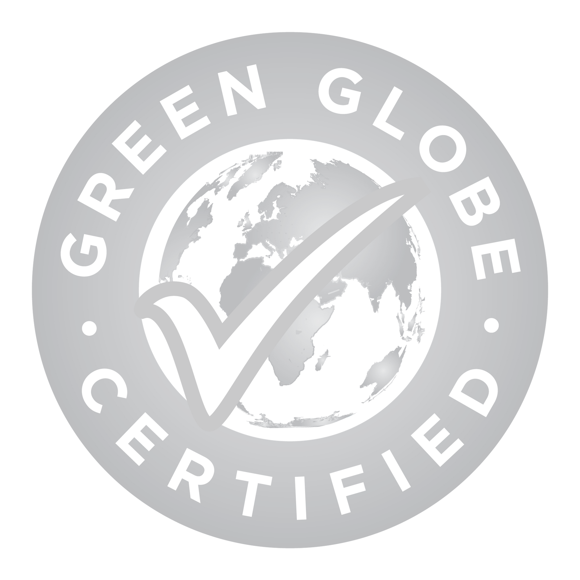 Green Globe Certified logo: Silver circle with globe and checkmark, text