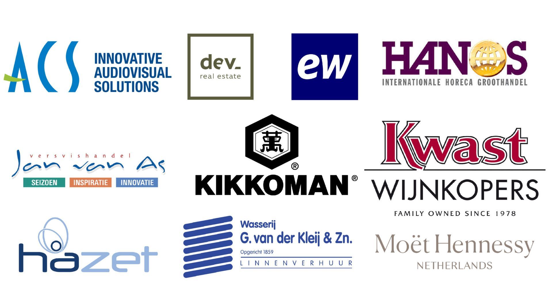 Logos of various companies, including ACS, Dev, EW, Hanos, Jan van As, Kikkoman, Kwast, Hazet, G. von der Kiel & Zn., and Moët Hennessy.