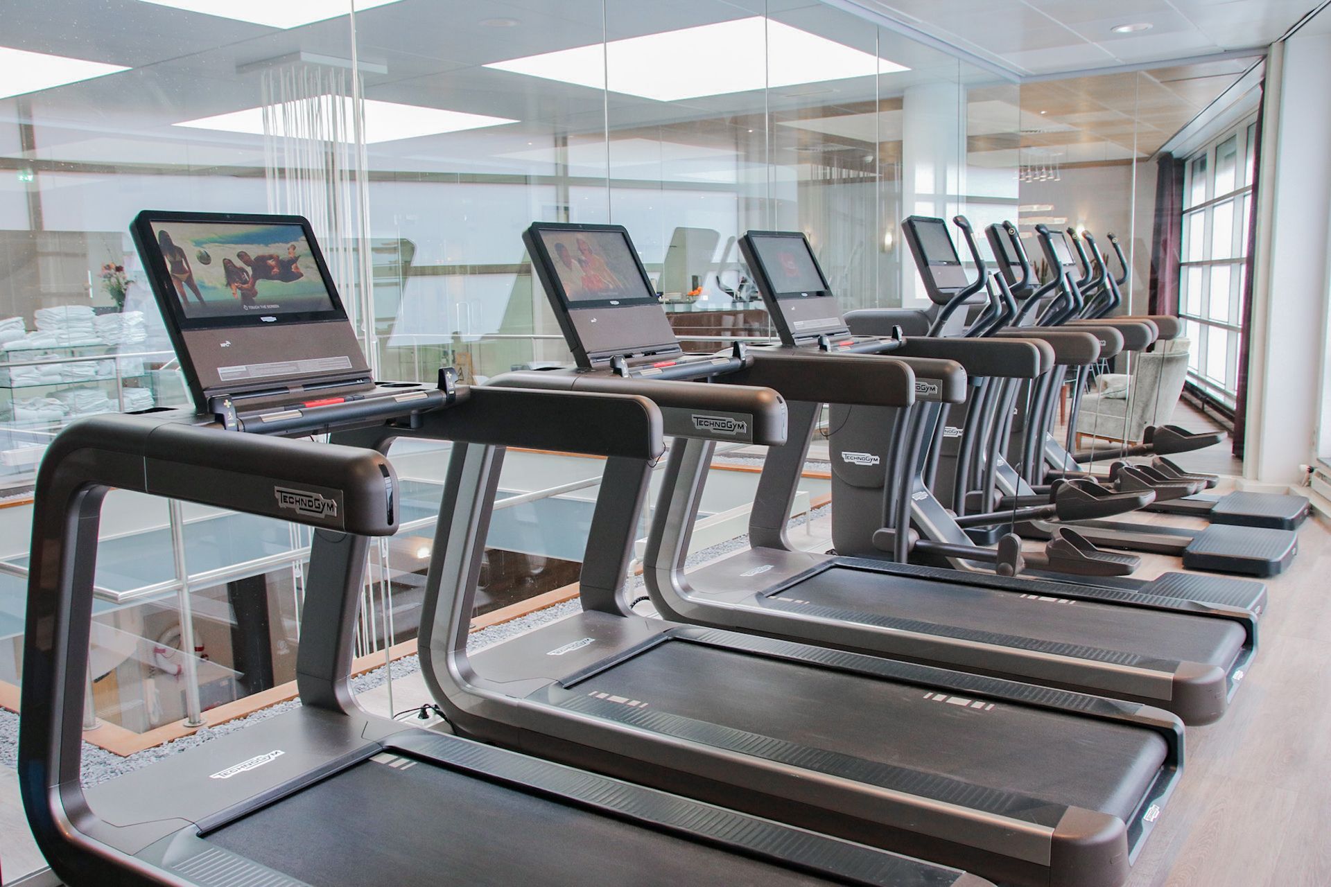 Gym with treadmills and exercise equipment, bright room with glass walls, natural light.