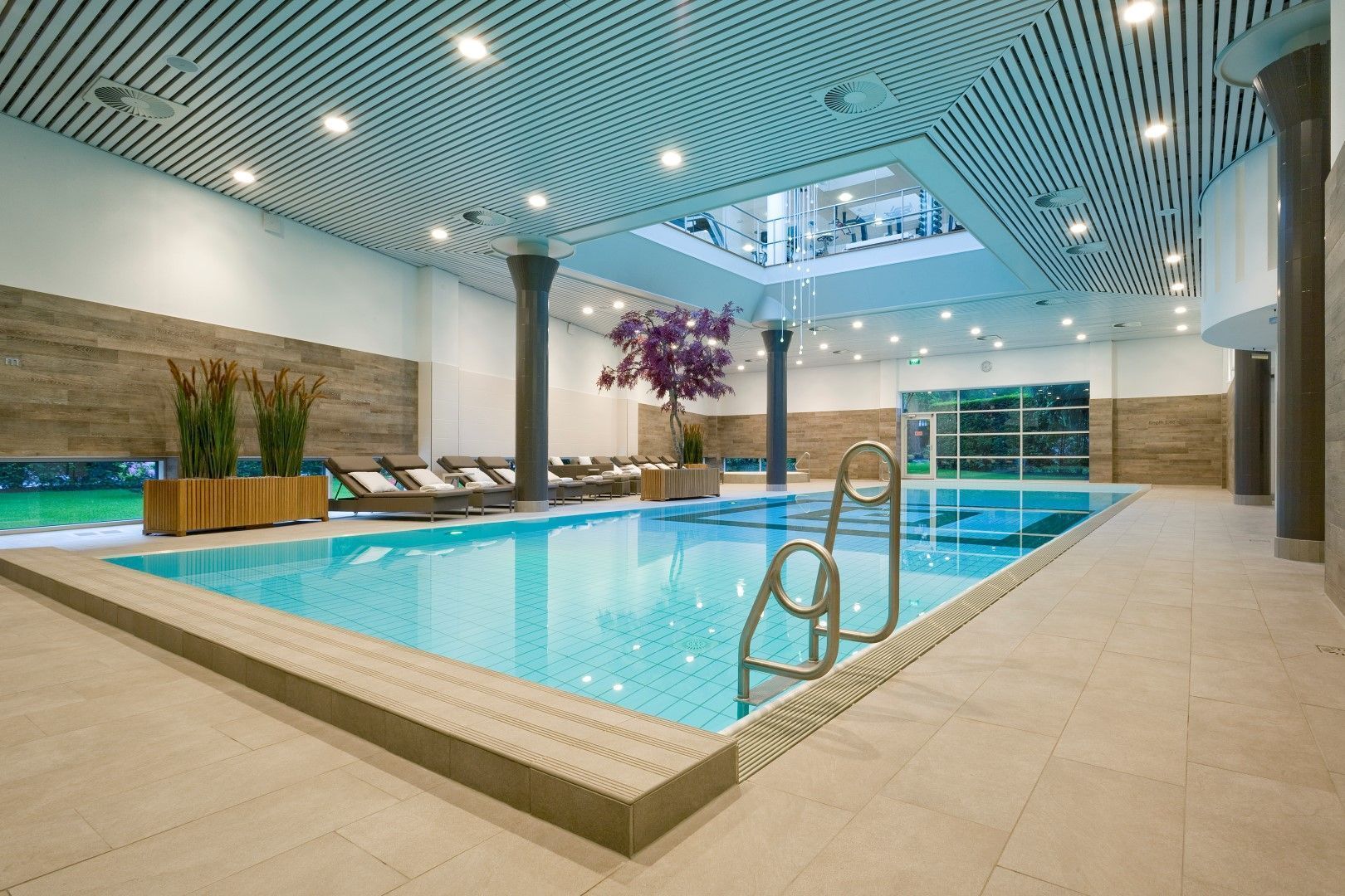 Indoor swimming pool with lounge chairs, trees, and natural light from a skylight.