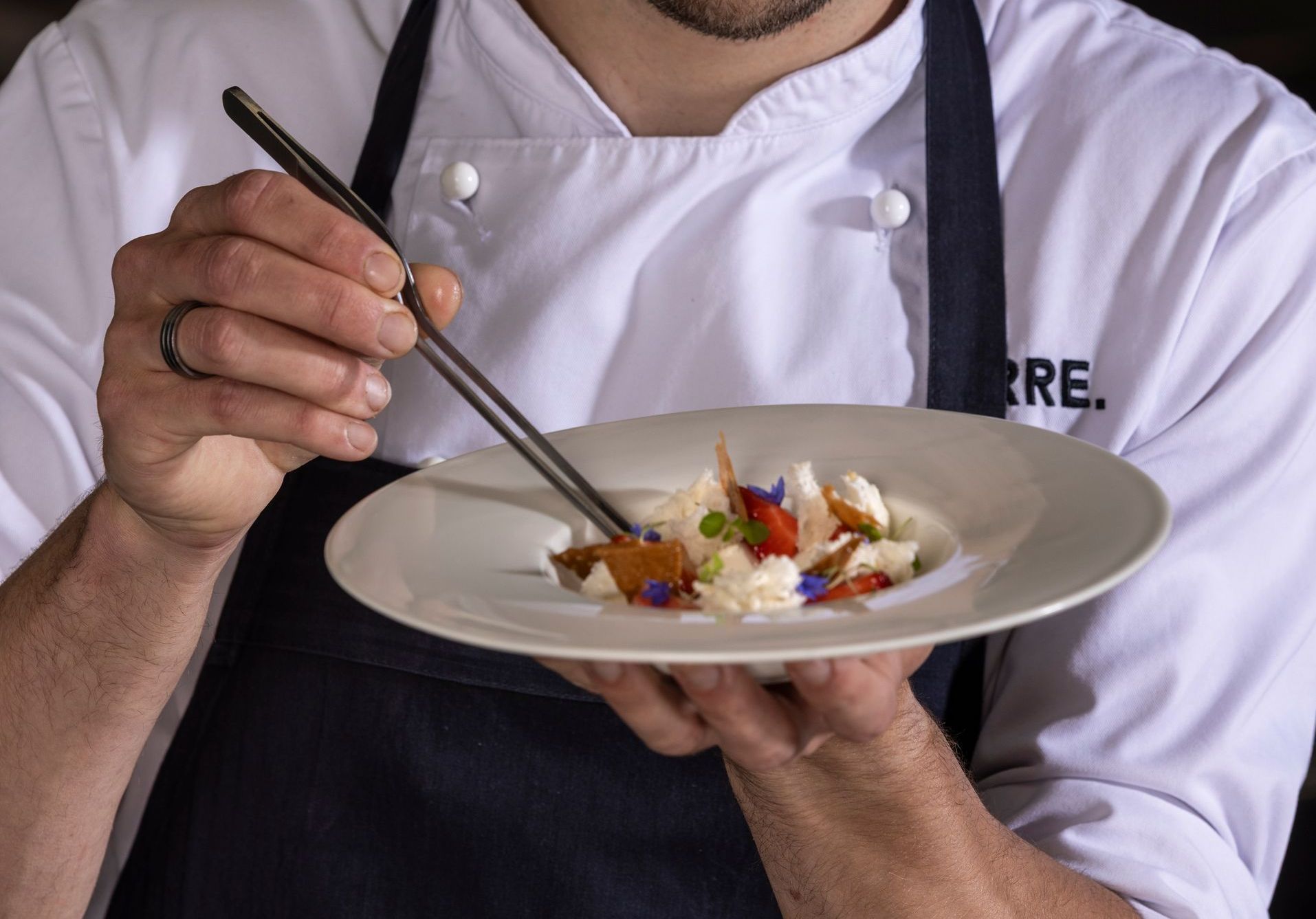 Chef garnishing a plate of food with tweezers. White plate, close-up shot.